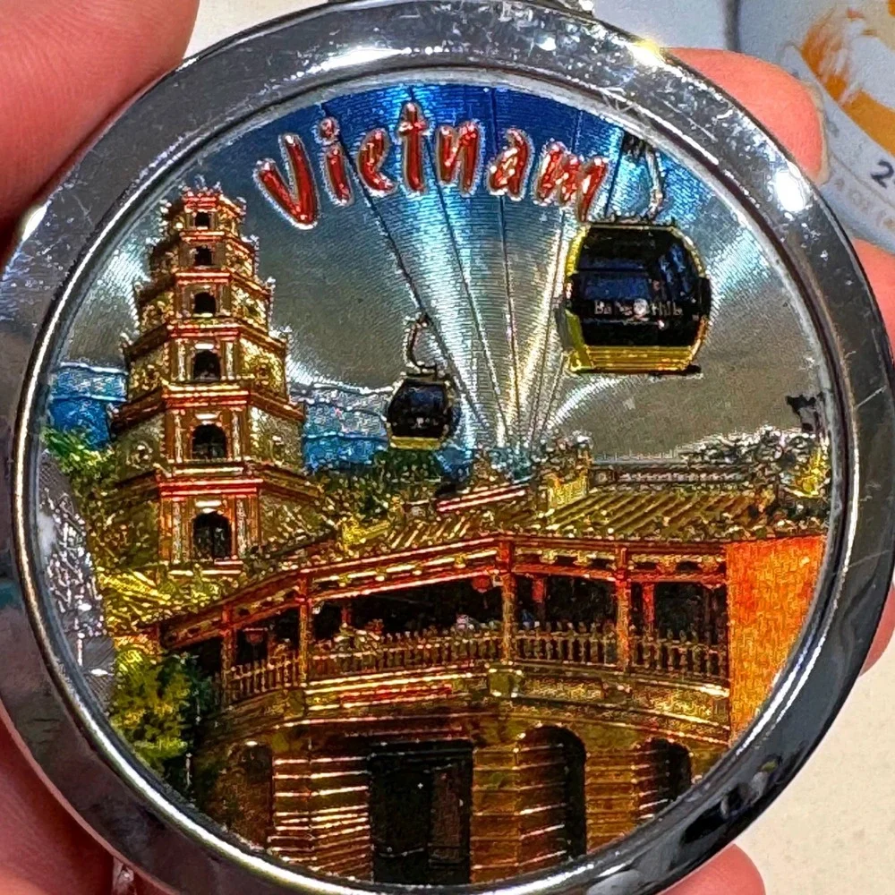Vietnam Souvenir Compact Mirror Silver Tone‎ Folding Dual Mirror 3D Relief Art